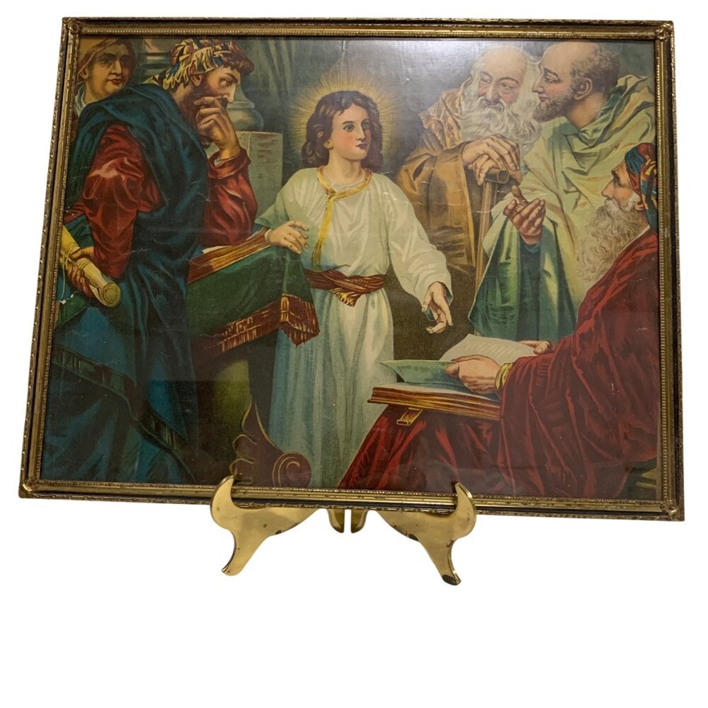 VTG Religious Framed Litho Jesus Teaching In The Temple Gold-Tone Frame 10" x 8"